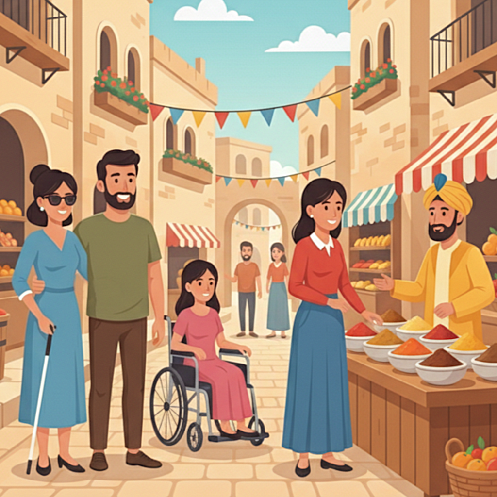 Immagine di un gruppo di persone, alcune con disabilità, in visita ad un mercato cittadino