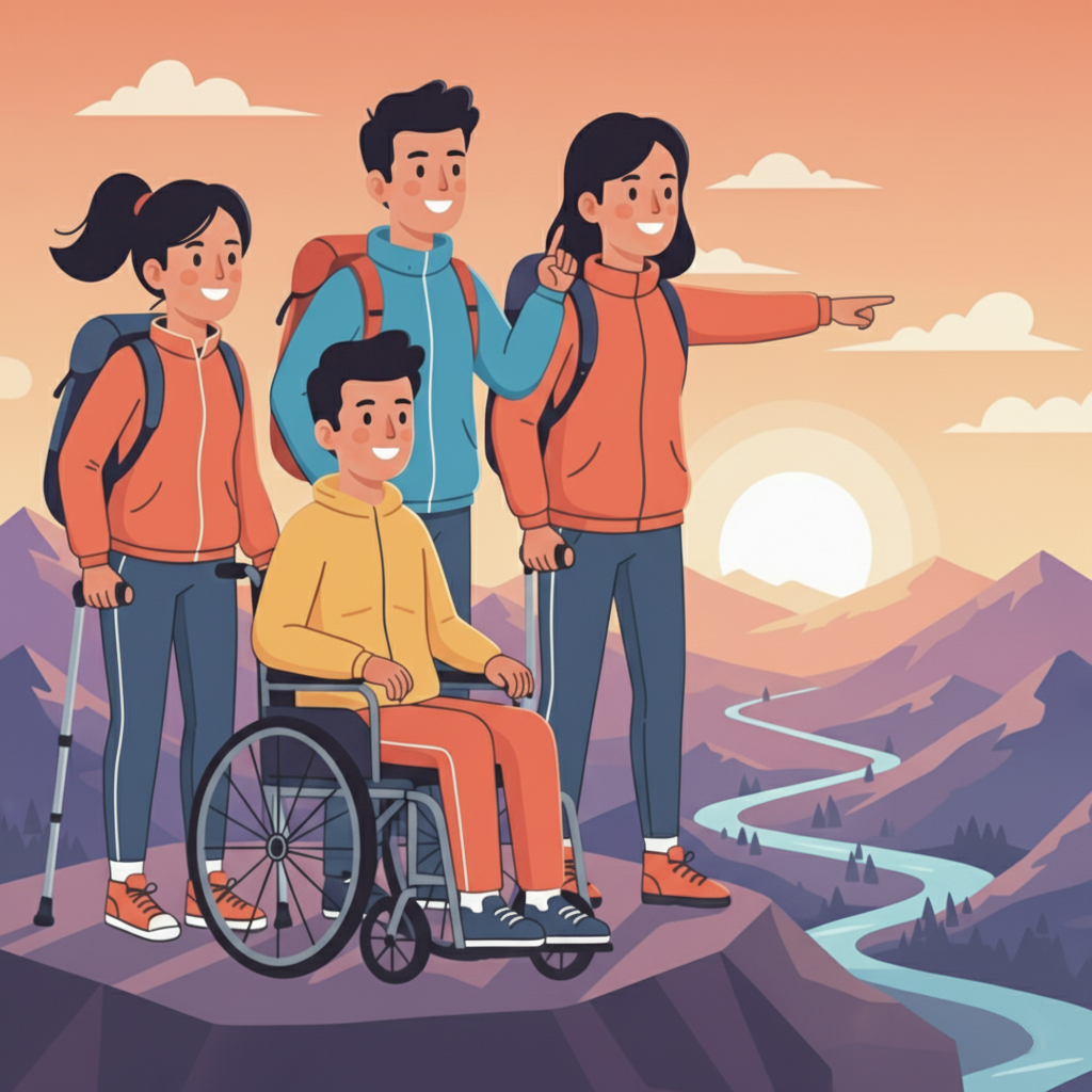 Immagine di un gruppo di persone, alcune con disabilità, nella natura al tramonto