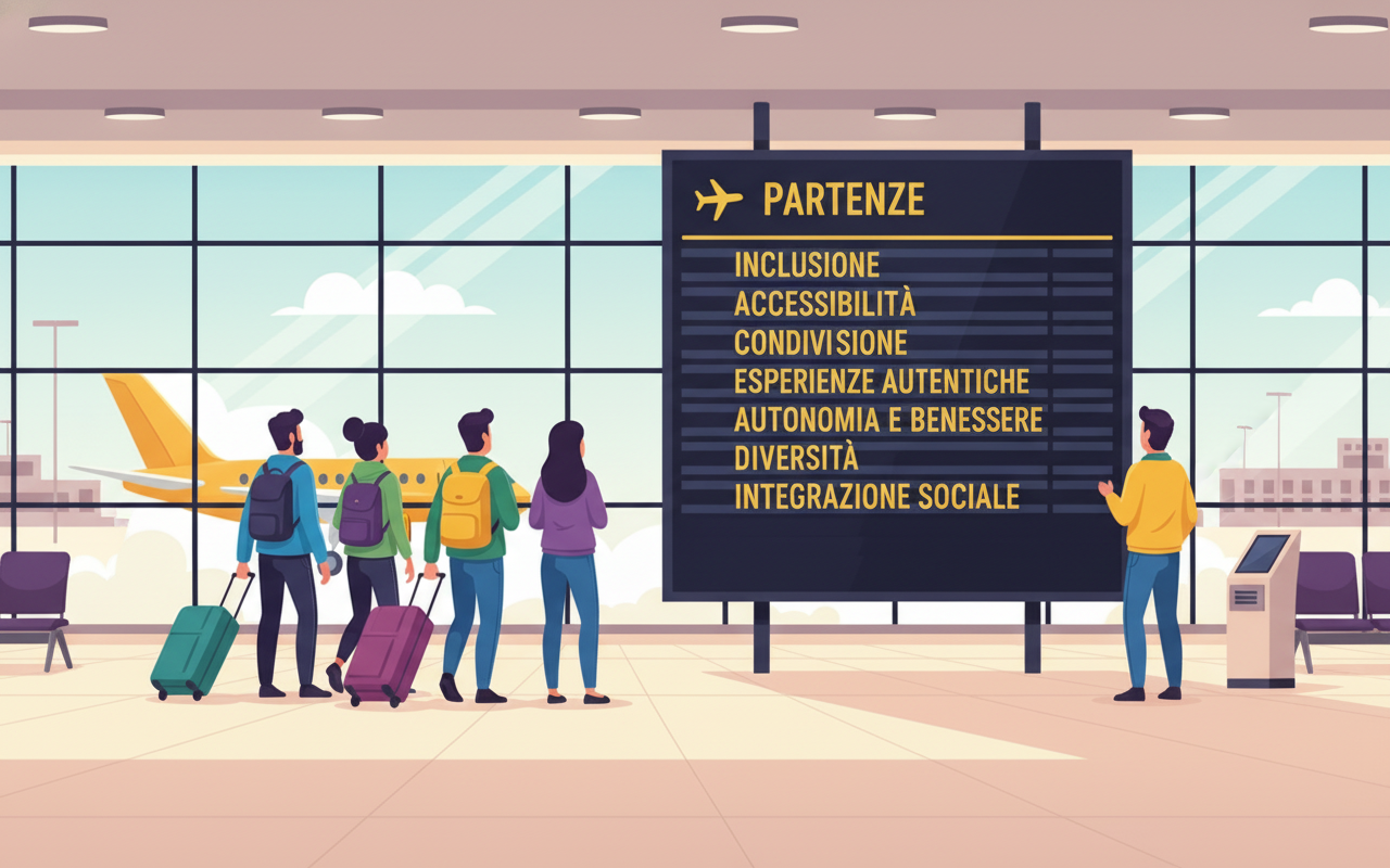 Immagine di un tabellone delle partenze di un aeroporto che indica come destinazioni: inclusione, accessibilità, condivisione, esperienze autentiche, autonomia e benessere, diversità, integrazione sociale.